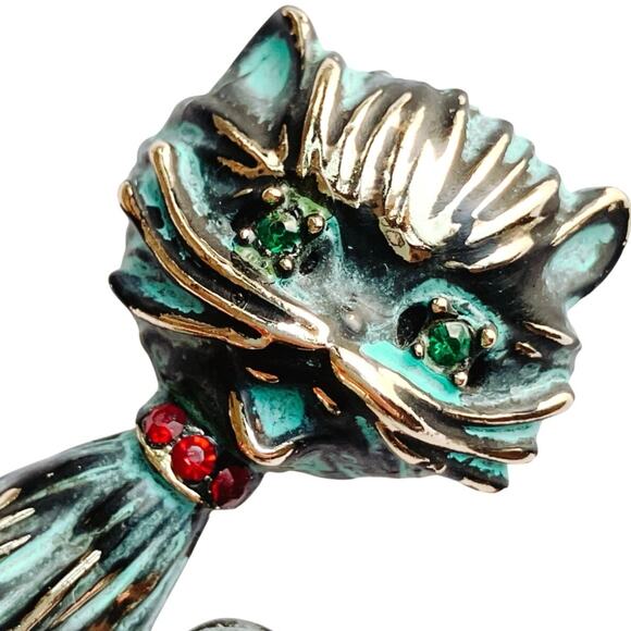 VTG Mid Century Brooch Cat Enamel Rhinestone Figural Animal Halloween Cute Pin - Picture 1 of 12